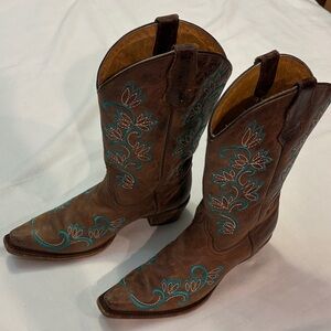 Corral Brown and Blue Teen Girls Cowgirl Western Embroidered Boots- Size 5